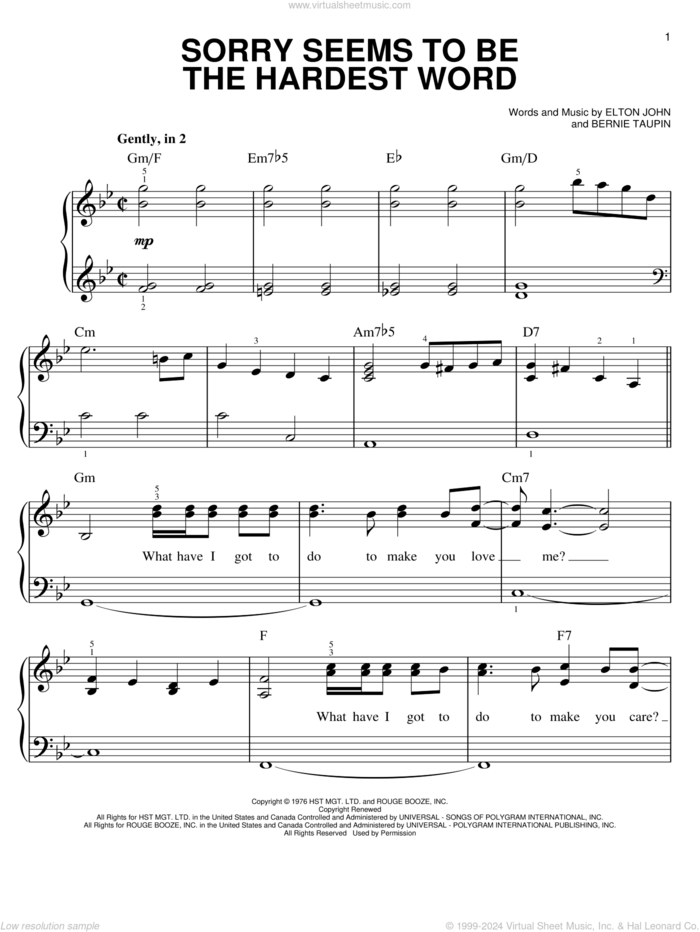 Sorry Seems To Be The Hardest Word, (easy) sheet music for piano solo by Elton John and Bernie Taupin, easy skill level