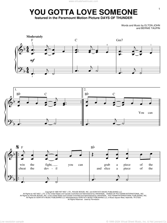 You Gotta Love Someone sheet music for piano solo by Elton John and Bernie Taupin, easy skill level