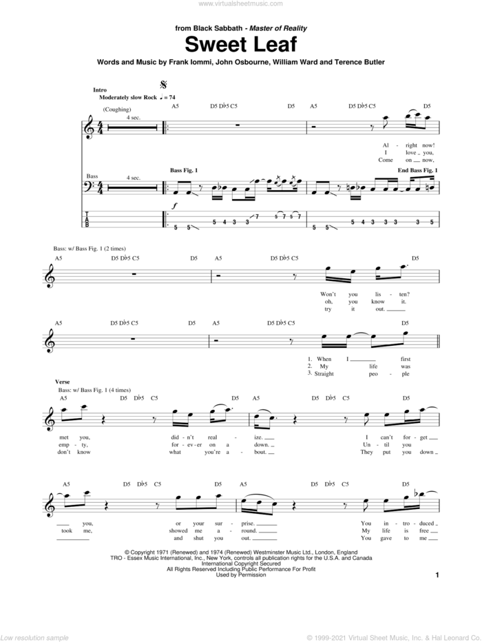 Sweet Leaf sheet music for bass (tablature) (bass guitar) by Black Sabbath, Ozzy Osbourne, Frank Iommi, John Osbourne, Terence Butler and William Ward, intermediate skill level
