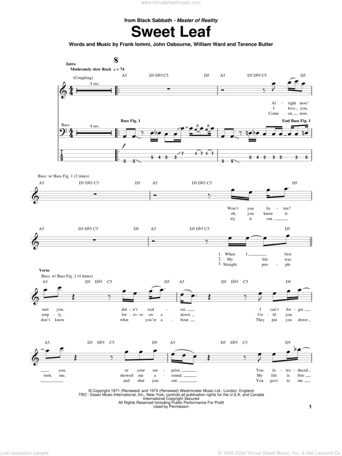 Sweet Leaf sheet music for bass (tablature) (bass guitar) by Black Sabbath, Ozzy Osbourne, Frank Iommi, John Osbourne, Terence Butler and William Ward, intermediate skill level