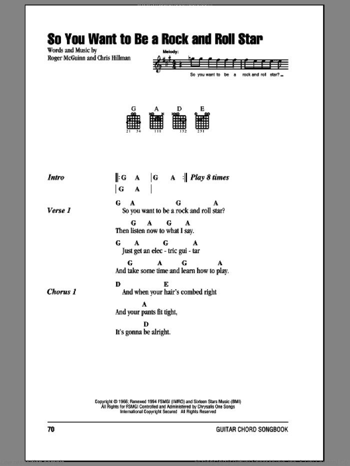 So You Want To Be A Rock And Roll Star sheet music for guitar (chords) by The Byrds, Chris Hillman and Roger McGuinn, intermediate skill level