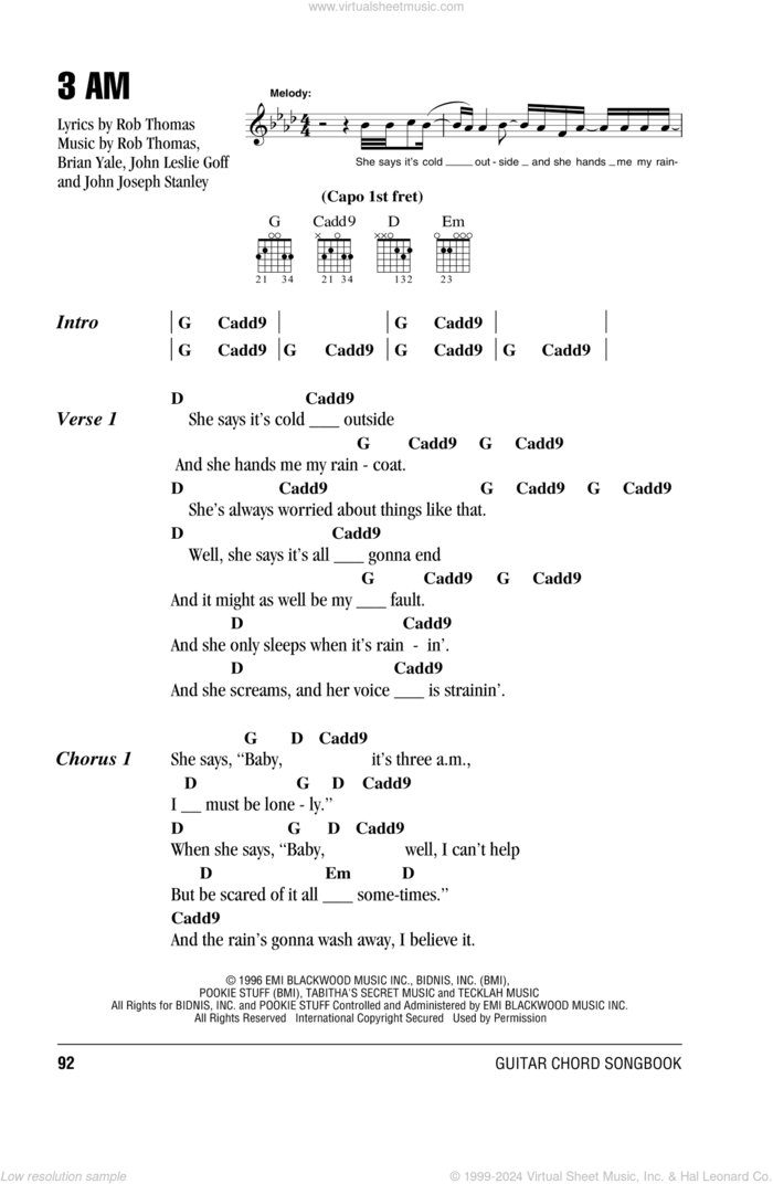 3 AM sheet music for guitar (chords) by Matchbox Twenty, Matchbox 20, Brian Yale, Jay Stanley, John Goff and Rob Thomas, intermediate skill level