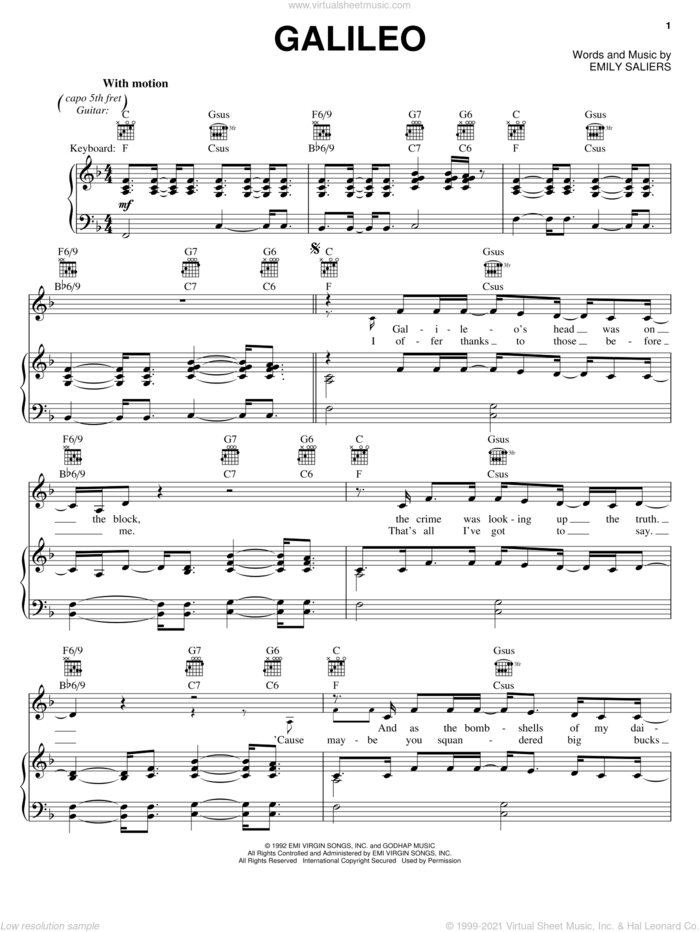 Galileo sheet music for voice, piano or guitar by Indigo Girls and Emily Saliers, intermediate skill level
