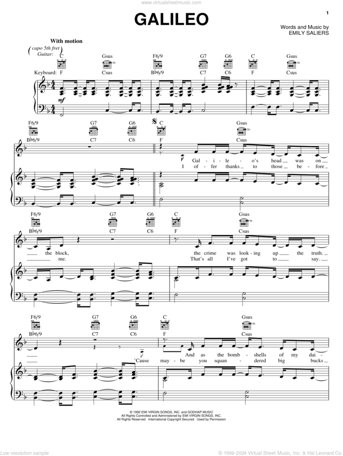 Galileo sheet music for voice, piano or guitar by Indigo Girls and Emily Saliers, intermediate skill level