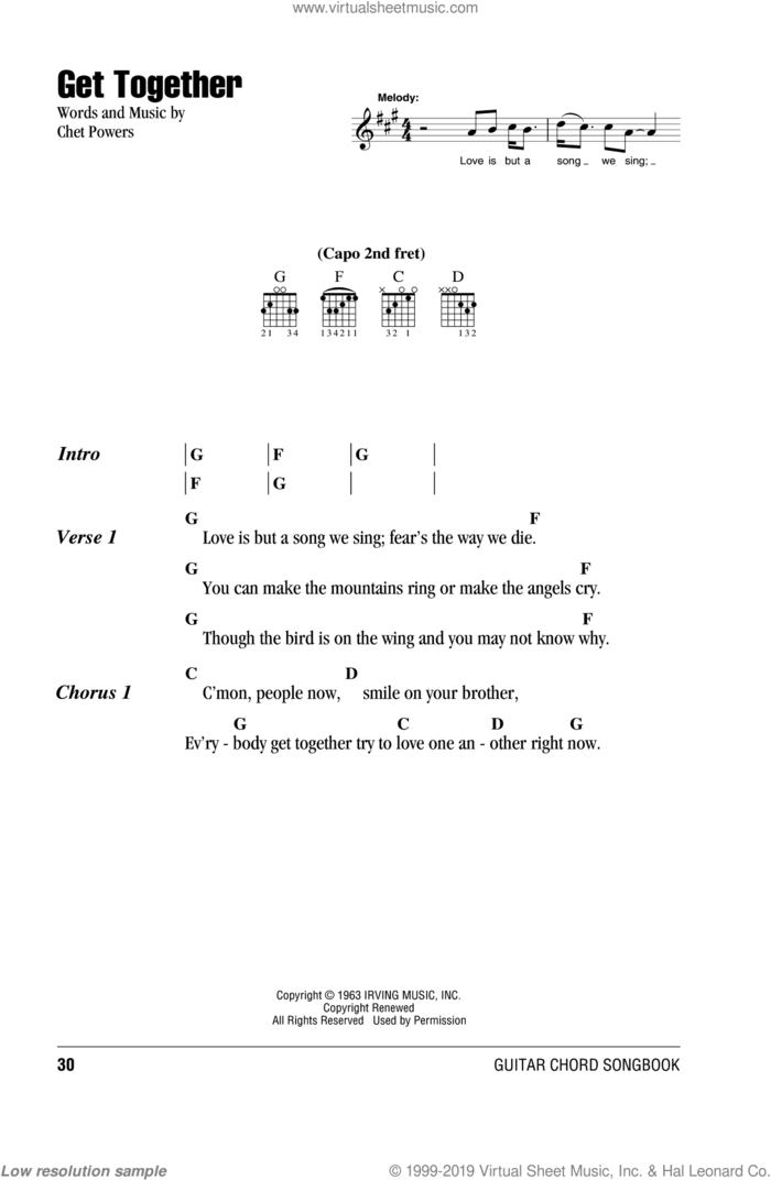 Get Together sheet music for guitar (chords) by The Youngbloods and Chet Powers, intermediate skill level