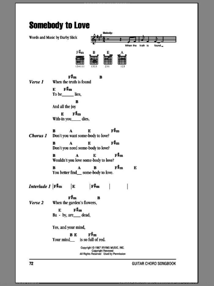 Somebody To Love sheet music for guitar (chords) by Jefferson Airplane and Darby Slick, intermediate skill level
