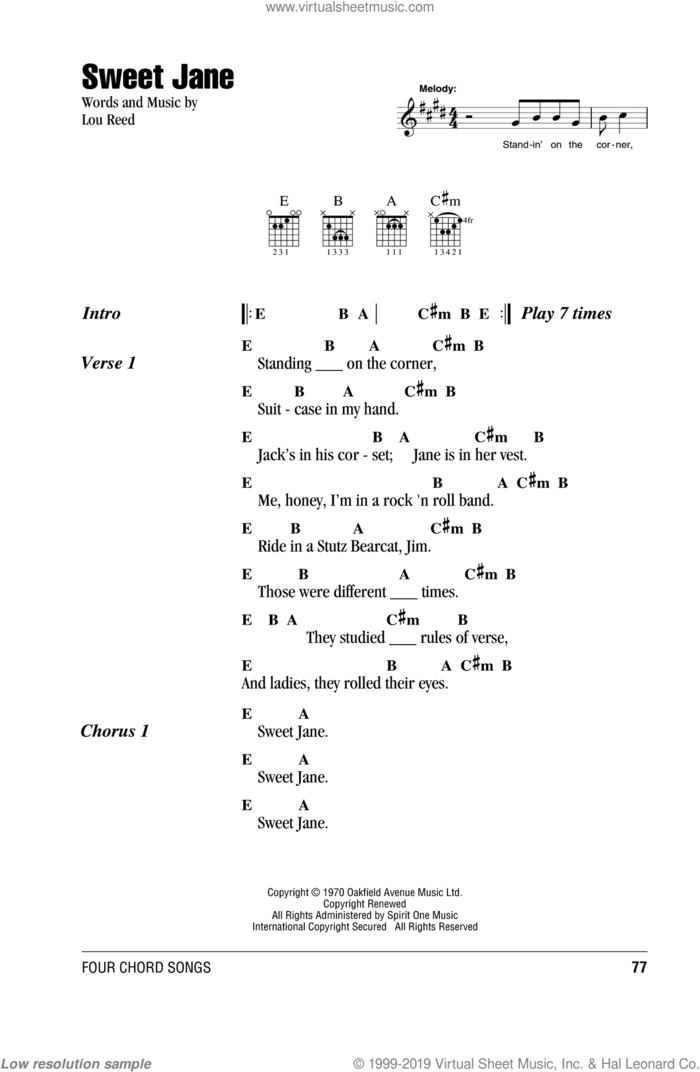 Sweet Jane sheet music for guitar (chords) by The Velvet Underground and Lou Reed, intermediate skill level