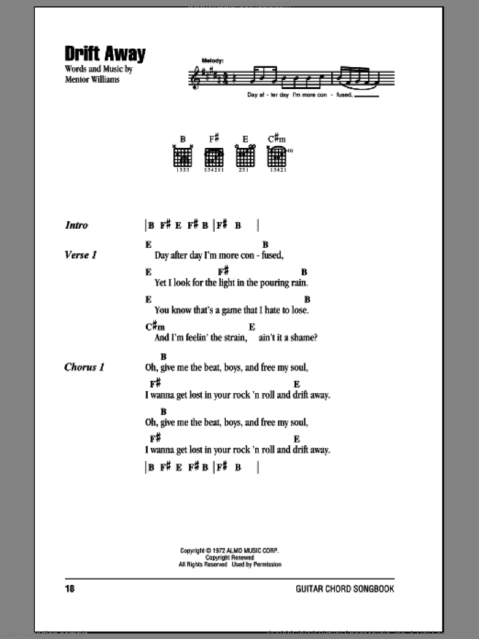 Drift Away sheet music for guitar (chords) by Dobie Gray and Mentor Williams, intermediate skill level
