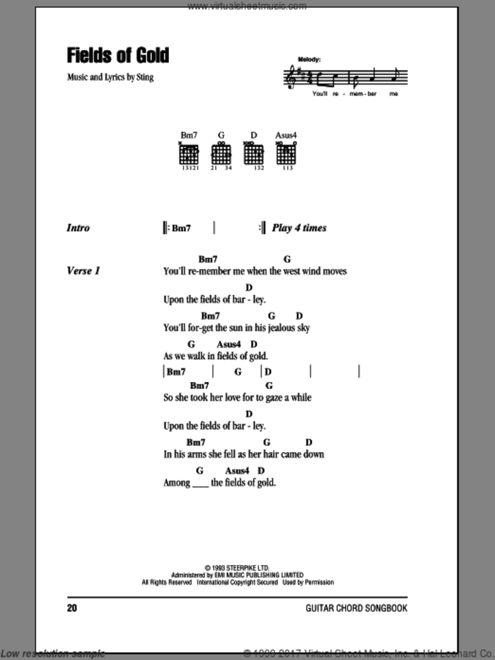 Fields Of Gold sheet music for guitar (chords) by Sting, intermediate skill level