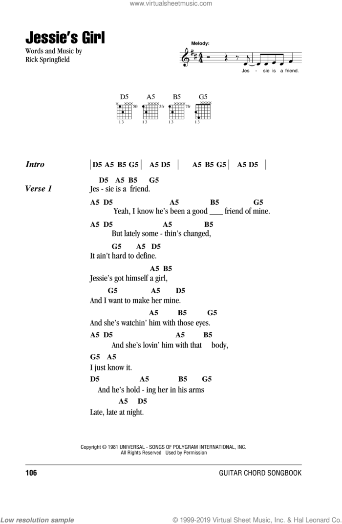 Jessie's Girl sheet music for guitar (chords) by Rick Springfield, intermediate skill level