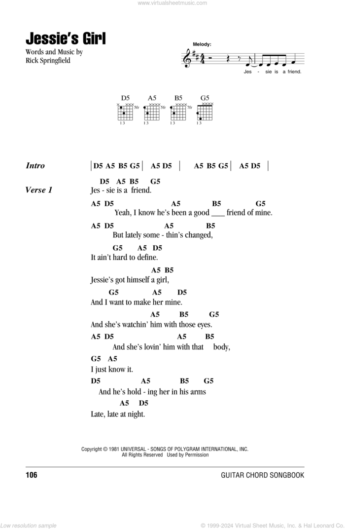 Jessie's Girl sheet music for guitar (chords) by Rick Springfield, intermediate skill level