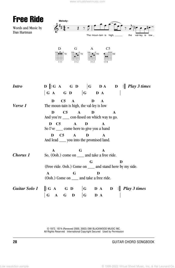 Free Ride sheet music for guitar (chords) by Edgar Winter Group and Dan Hartman, intermediate skill level
