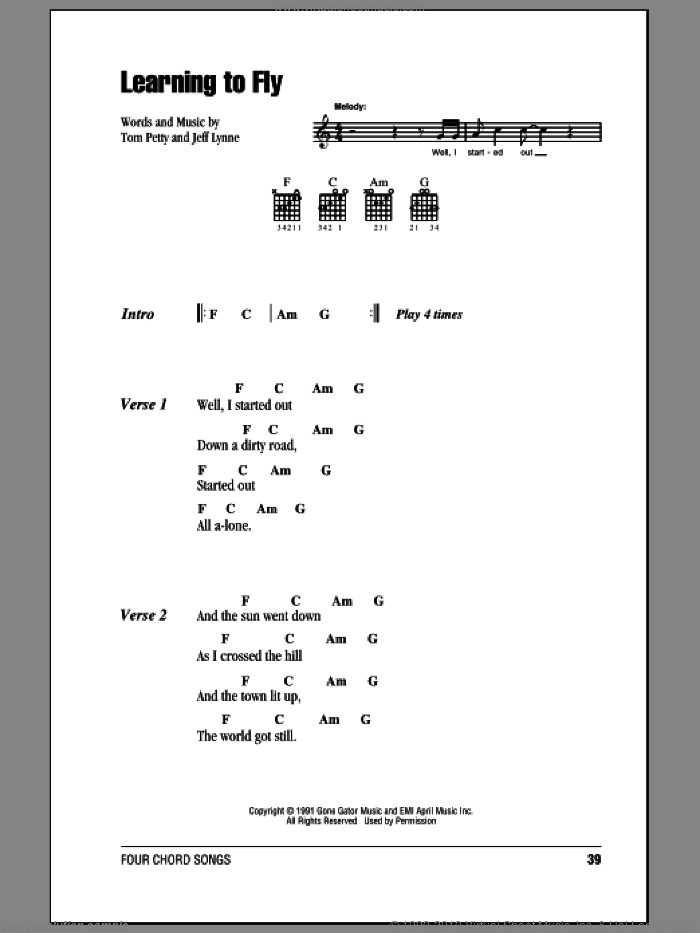Learning To Fly sheet music for guitar (chords) by Tom Petty And The Heartbreakers and Jeff Lynne, intermediate skill level