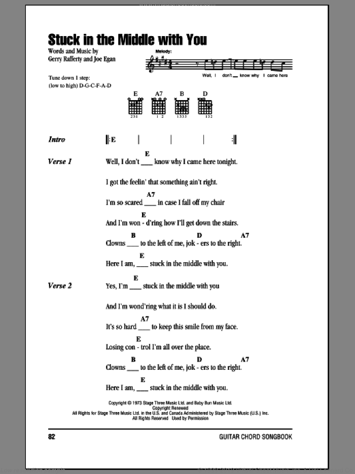 Stuck In The Middle With You sheet music for guitar (chords) by Stealers Wheel, Gerry Rafferty and Joe Egan, intermediate skill level