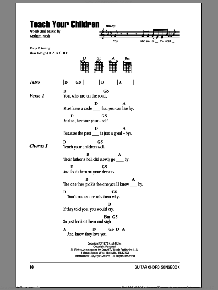 Teach Your Children sheet music for guitar (chords) by Crosby, Stills, Nash & Young and Graham Nash, intermediate skill level