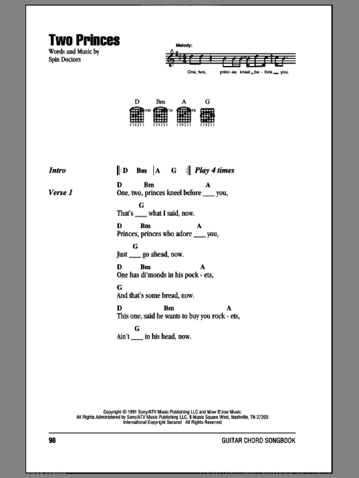 Two Princes sheet music for guitar (chords) by Spin Doctors, intermediate skill level