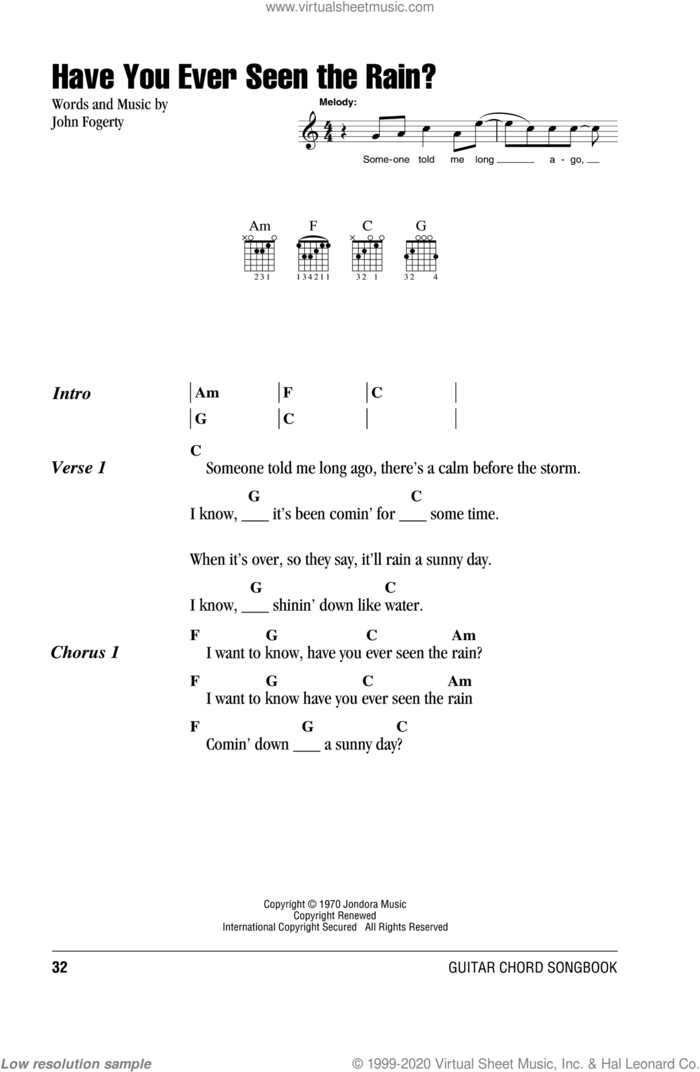 Have You Ever Seen The Rain? sheet music for guitar (chords) by Creedence Clearwater Revival and John Fogerty, intermediate skill level