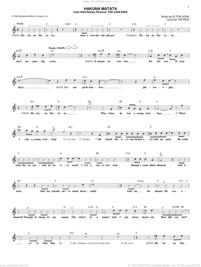 Hakuna Matata (from The Lion King) sheet music for voice and other instruments (fake book) by Elton John, The Lion King and Tim Rice, intermediate skill level