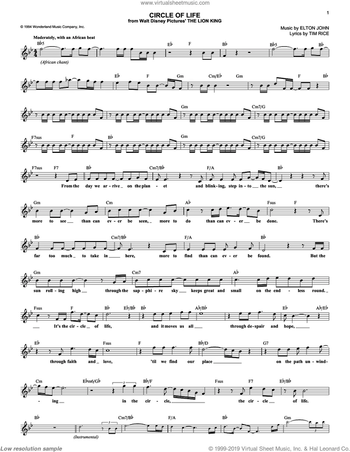 Circle Of Life (from The Lion King) sheet music for voice and other instruments (fake book) by Elton John and Tim Rice, intermediate skill level