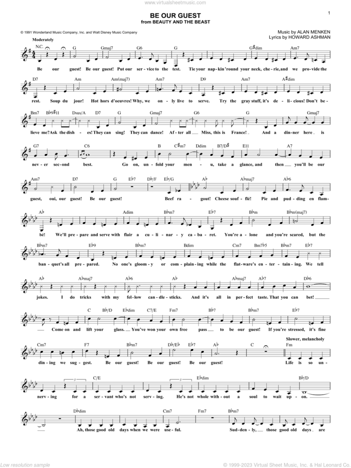 Be Our Guest (from Beauty And The Beast) sheet music for voice and other instruments (fake book) by Alan Menken, Beauty And The Beast, Alan Menken & Howard Ashman and Howard Ashman, intermediate skill level
