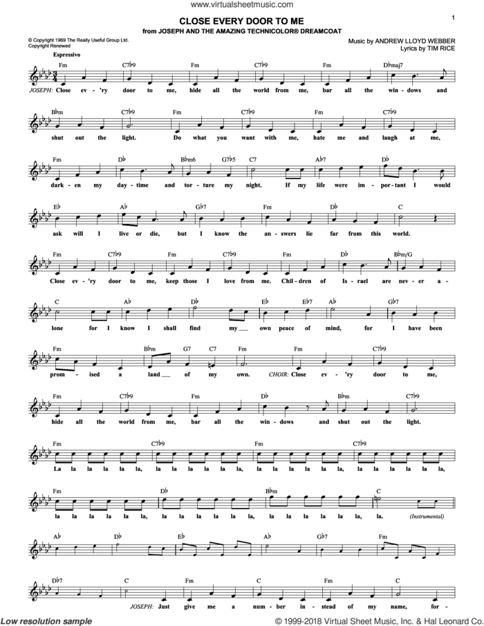 Close Every Door (from Joseph and the Amazing Technicolor Dreamcoat) sheet music for voice and other instruments (fake book) by Andrew Lloyd Webber, Joseph And The Amazing Technicolor Dreamcoat (Musical) and Tim Rice, intermediate skill level