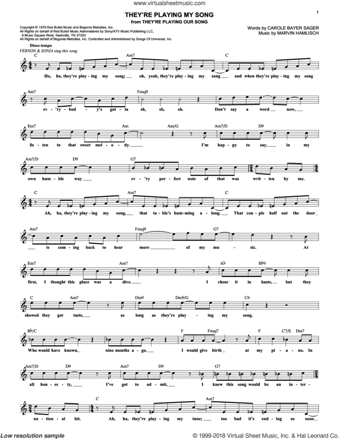 They're Playing My Song sheet music for voice and other instruments (fake book) by Carole Bayer Sager and Marvin Hamlisch, intermediate skill level