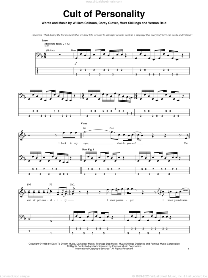 Cult Of Personality sheet music for bass (tablature) (bass guitar) by Living Colour, Corey Glover, Manuel Skillings, Vernon Reid and Will Calhoun, intermediate skill level