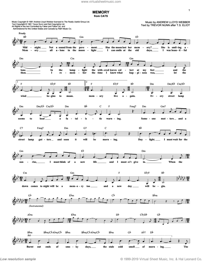 Memory (from Cats) sheet music for voice and other instruments (fake book) by Andrew Lloyd Webber and Cats (Musical), intermediate skill level