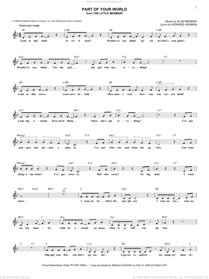 Part Of Your World (from The Little Mermaid) sheet music for voice and other instruments (fake book) by Alan Menken, The Little Mermaid (Musical), Alan Menken & Howard Ashman and Howard Ashman, intermediate skill level