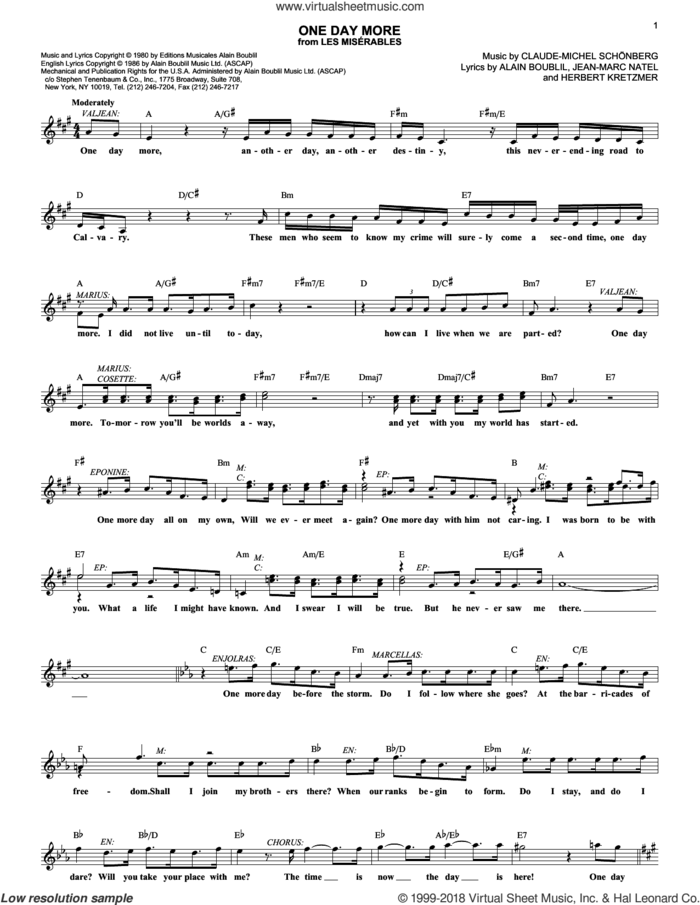One Day More (from Les Miserables) sheet music for voice and other instruments (fake book) by Alain Boublil, Les Miserables (Musical), Claude-Michel Schonberg, Herbert Kretzmer and Jean-Marc Natel, intermediate skill level