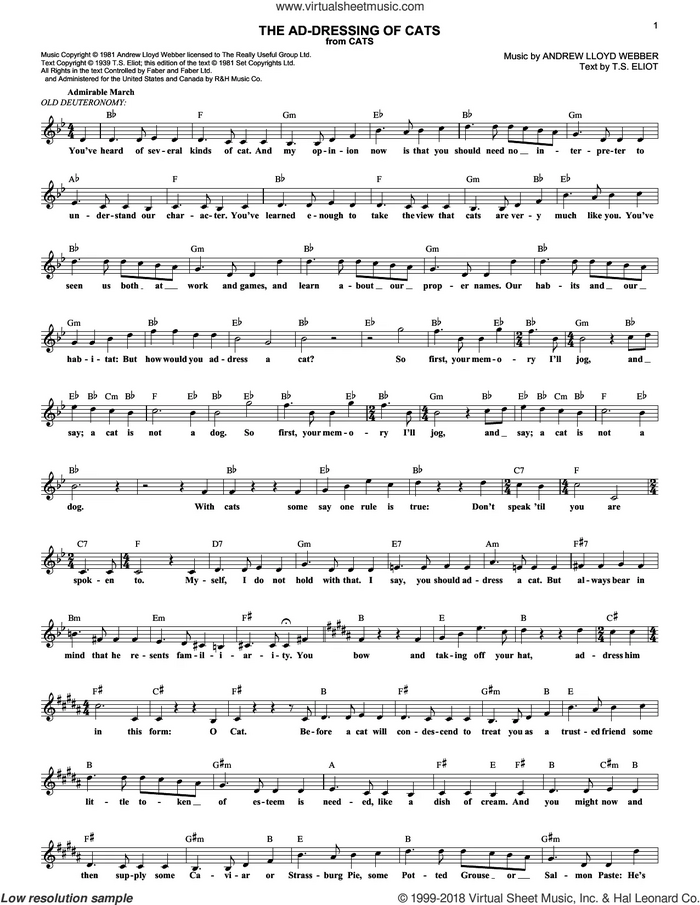 The Ad-Dressing Of Cats (from Cats) sheet music for voice and other instruments (fake book) by Andrew Lloyd Webber, Cats (Musical) and T.S. Eliot, intermediate skill level