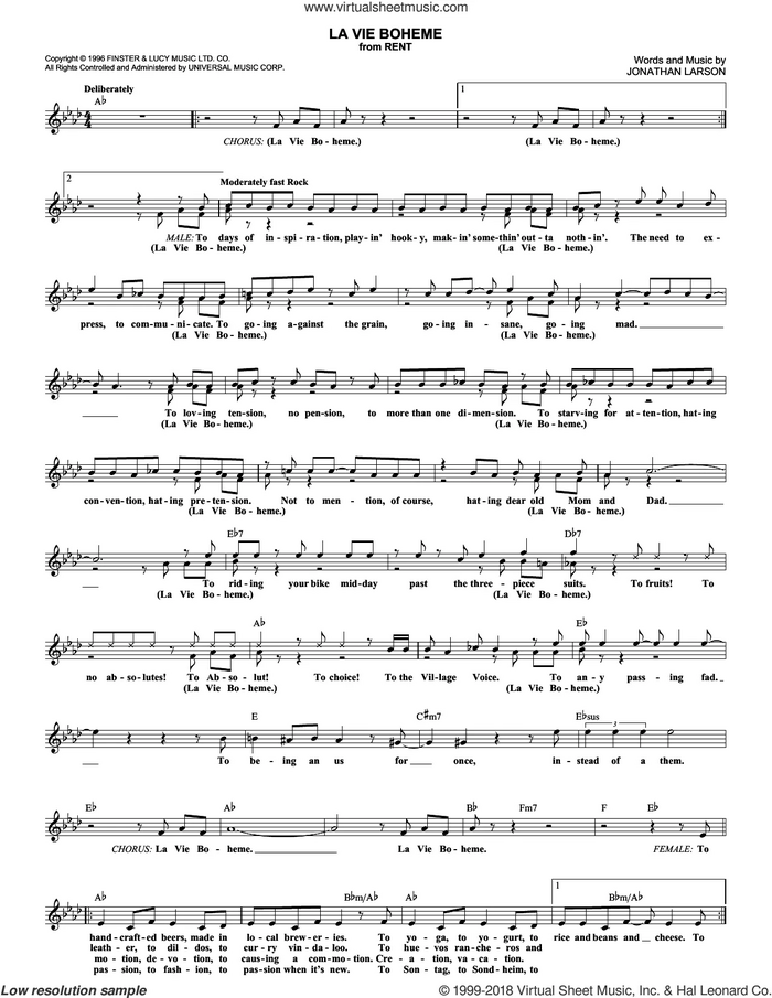 La Vie Boheme sheet music for voice and other instruments (fake book) by Jonathan Larson and Rent (Musical), intermediate skill level