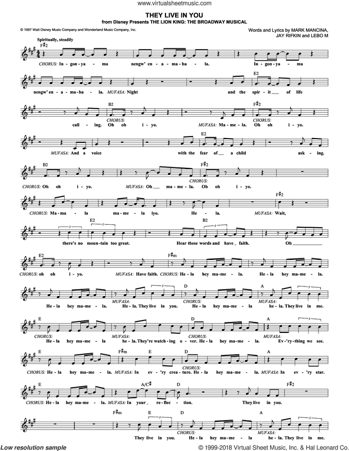 They Live In You (from The Lion King: Broadway Musical) sheet music for voice and other instruments (fake book) by Mark Mancina, Elton John, The Lion King, Jay Rifkin and Lebo M., intermediate skill level