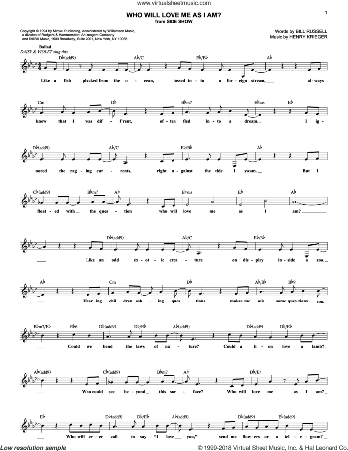 Who Will Love Me As I Am? sheet music for voice and other instruments (fake book) by Bill Russell and Henry Krieger, intermediate skill level