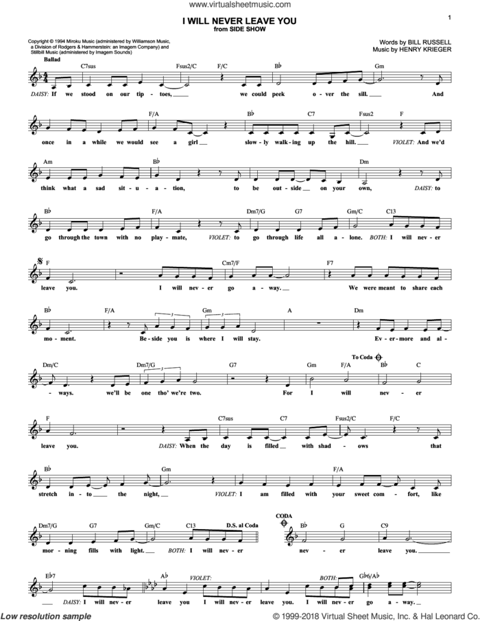 I Will Never Leave You sheet music for voice and other instruments (fake book) by Bill Russell and Henry Krieger, intermediate skill level