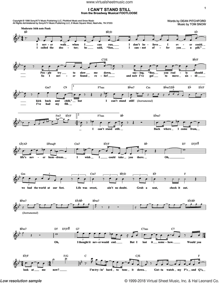 I Can't Stand Still sheet music for voice and other instruments (fake book) by Dean Pitchford and Tom Snow, intermediate skill level