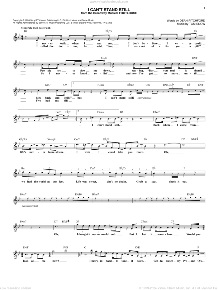 I Can't Stand Still sheet music for voice and other instruments (fake book) by Dean Pitchford and Tom Snow, intermediate skill level