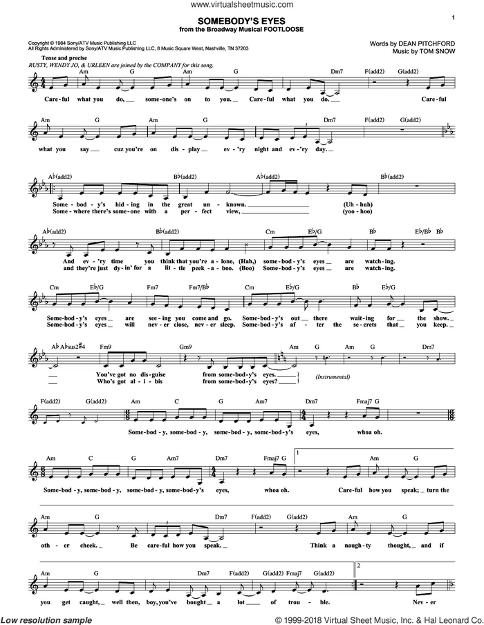 Somebody's Eyes sheet music for voice and other instruments (fake book) by Dean Pitchford and Tom Snow, intermediate skill level