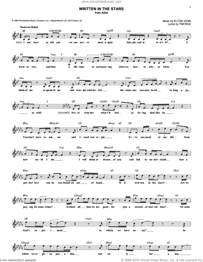 Written In The Stars (from Aida) sheet music for voice and other instruments (fake book) by Elton John, Aida (Musical) and Tim Rice, intermediate skill level