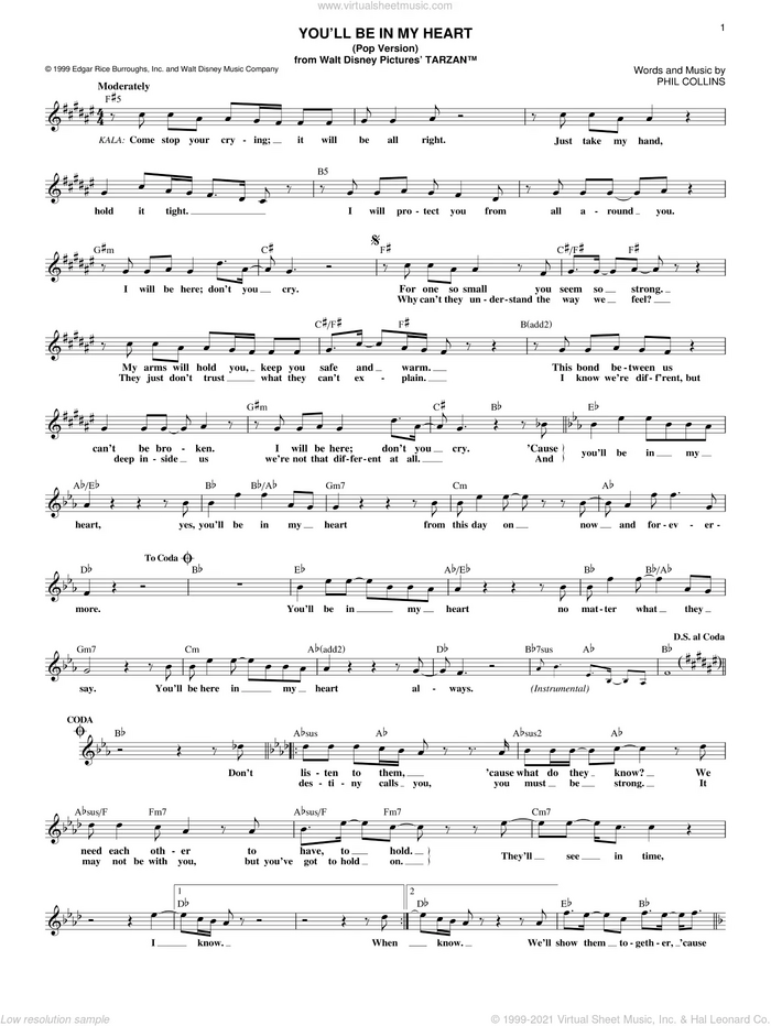 You'll Be In My Heart (from Tarzan: The Broadway Musical) sheet music for voice and other instruments (fake book) by Phil Collins and Tarzan (Musical), intermediate skill level