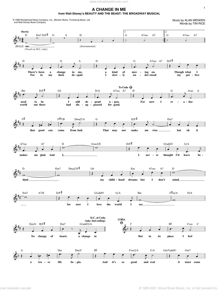 A Change In Me sheet music for voice and other instruments (fake book) by Alan Menken, Beauty And The Beast and Tim Rice, intermediate skill level