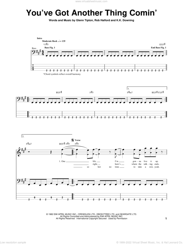 You've Got Another Thing Comin' sheet music for bass (tablature) (bass guitar) by Judas Priest, Glenn Tipton, K.K. Downing and Rob Halford, intermediate skill level