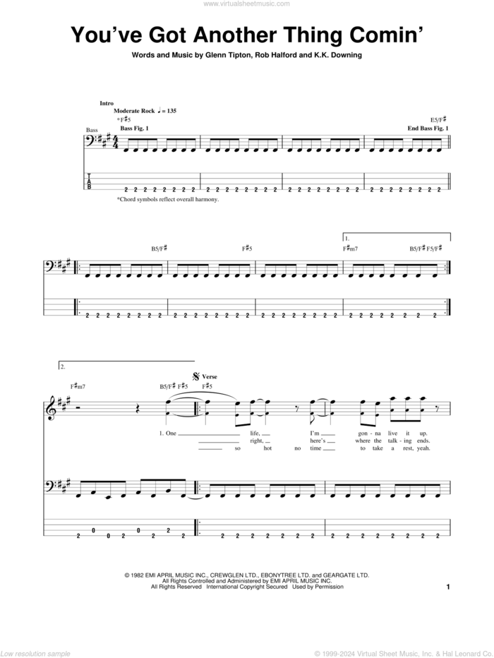 You've Got Another Thing Comin' sheet music for bass (tablature) (bass guitar) by Judas Priest, Glenn Tipton, K.K. Downing and Rob Halford, intermediate skill level