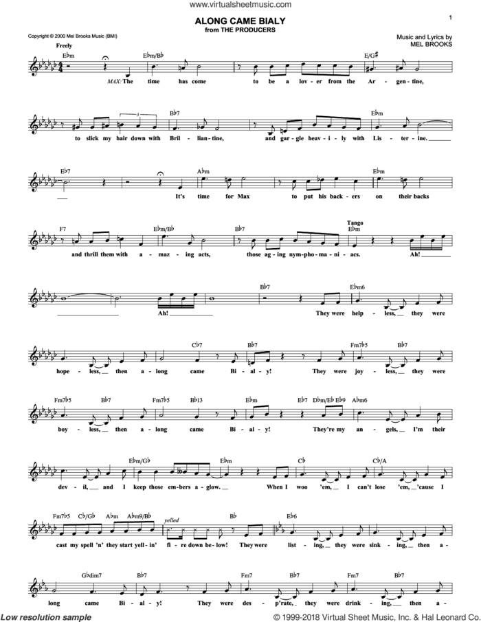 Along Came Bialy sheet music for voice and other instruments (fake book) by Mel Brooks and The Producers (Musical), intermediate skill level