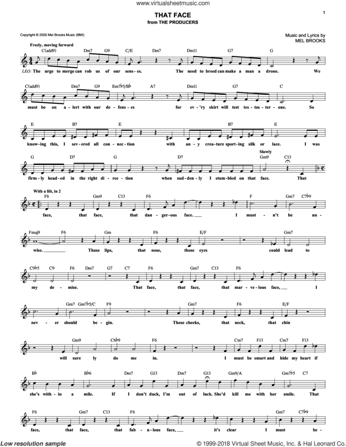 That Face sheet music for voice and other instruments (fake book) by Mel Brooks and The Producers (Musical), intermediate skill level