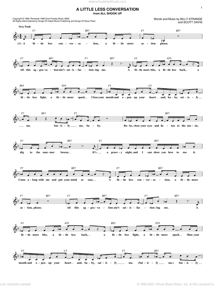 A Little Less Conversation sheet music for voice and other instruments (fake book) by Elvis Presley, All Shook Up (Musical), Billy Strange and Scott Davis, intermediate skill level