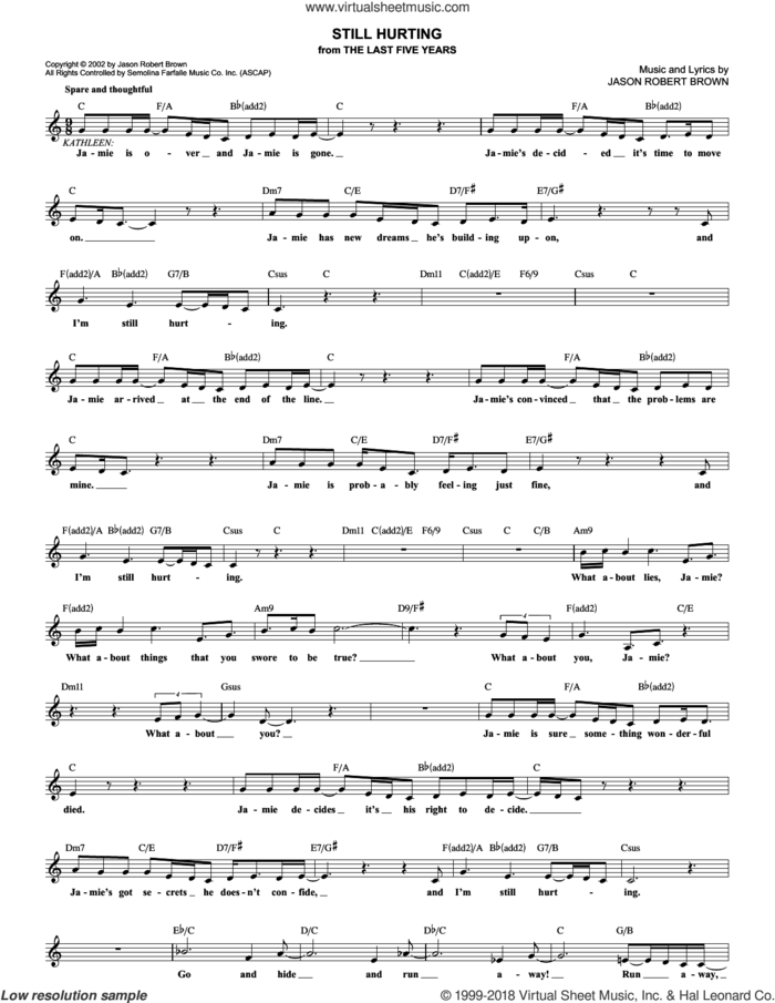 Still Hurting (from The Last 5 Years) sheet music for voice and other instruments (fake book) by Jason Robert Brown and The Last Five Years (Musical), intermediate skill level