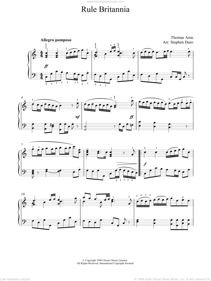 Rule Britannia sheet music for piano solo by Thomas Arne, intermediate skill level