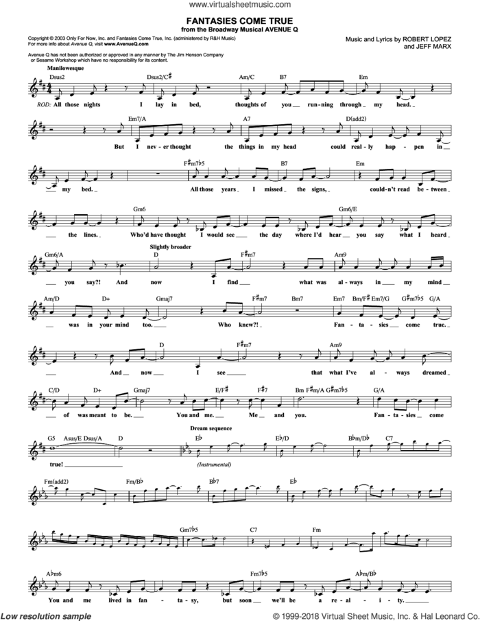 Fantasies Come True (from Avenue Q) sheet music for voice and other instruments (fake book) by Avenue Q, Jeff Marx, Robert Lopez and Robert Lopez & Jeff Marx, intermediate skill level