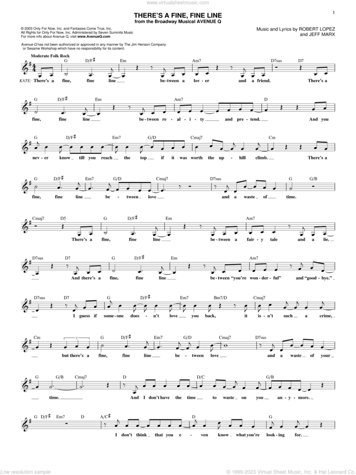 There's A Fine, Fine Line (from Avenue Q) sheet music for voice and other instruments (fake book) by Avenue Q, Jeff Marx, Robert Lopez and Robert Lopez & Jeff Marx, intermediate skill level